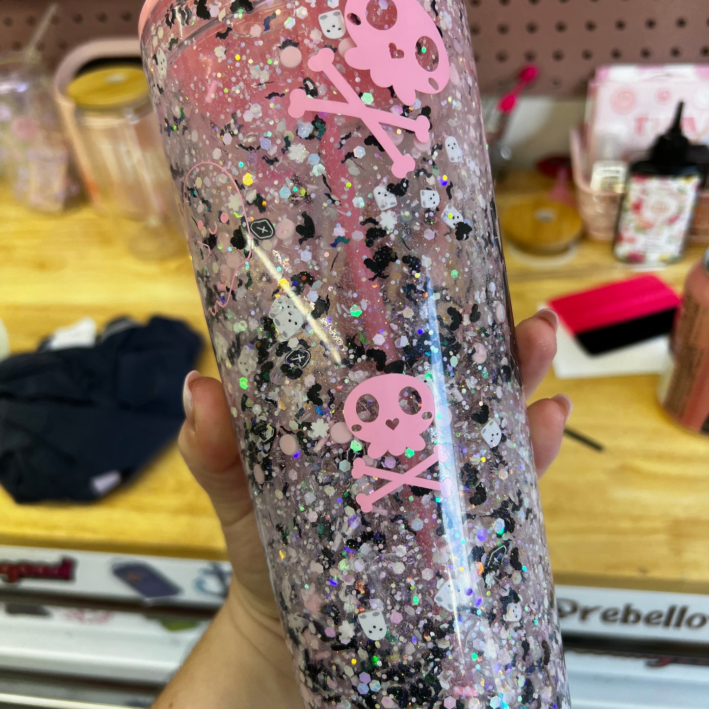 Stay Spooky 24oz Plastic Snowglobe Tumbler Halloween Pink