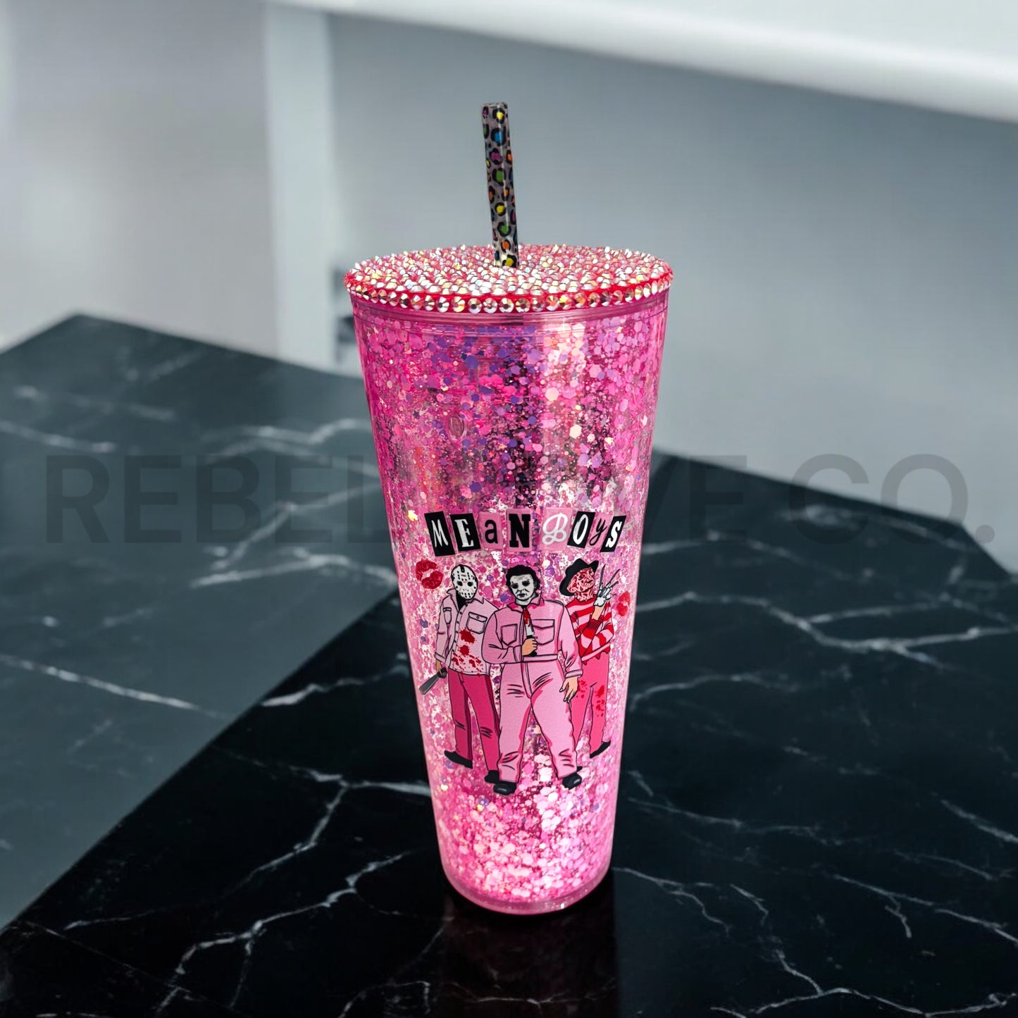 Mean Boys Halloween Glitter Tumbler Pink 24oz