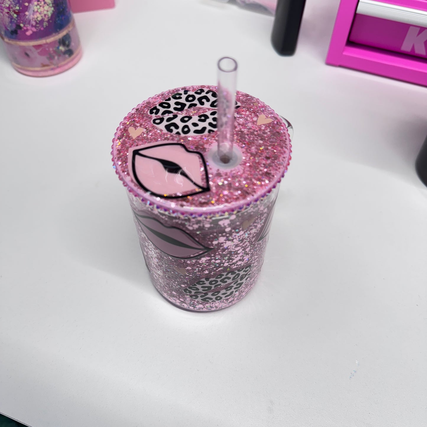 Glass Snowglobe Mug with Handle, Lips, Glitter and Leopard 15oz