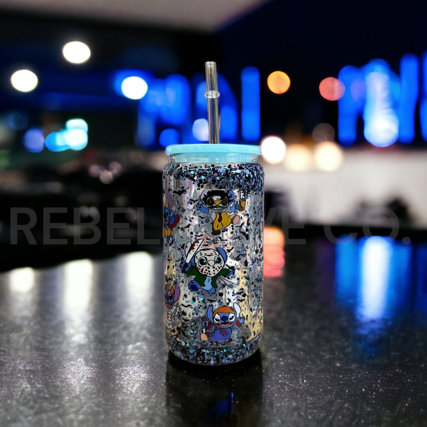 Stitch Halloween Glass Snowglobe Tumbler 16oz Blue