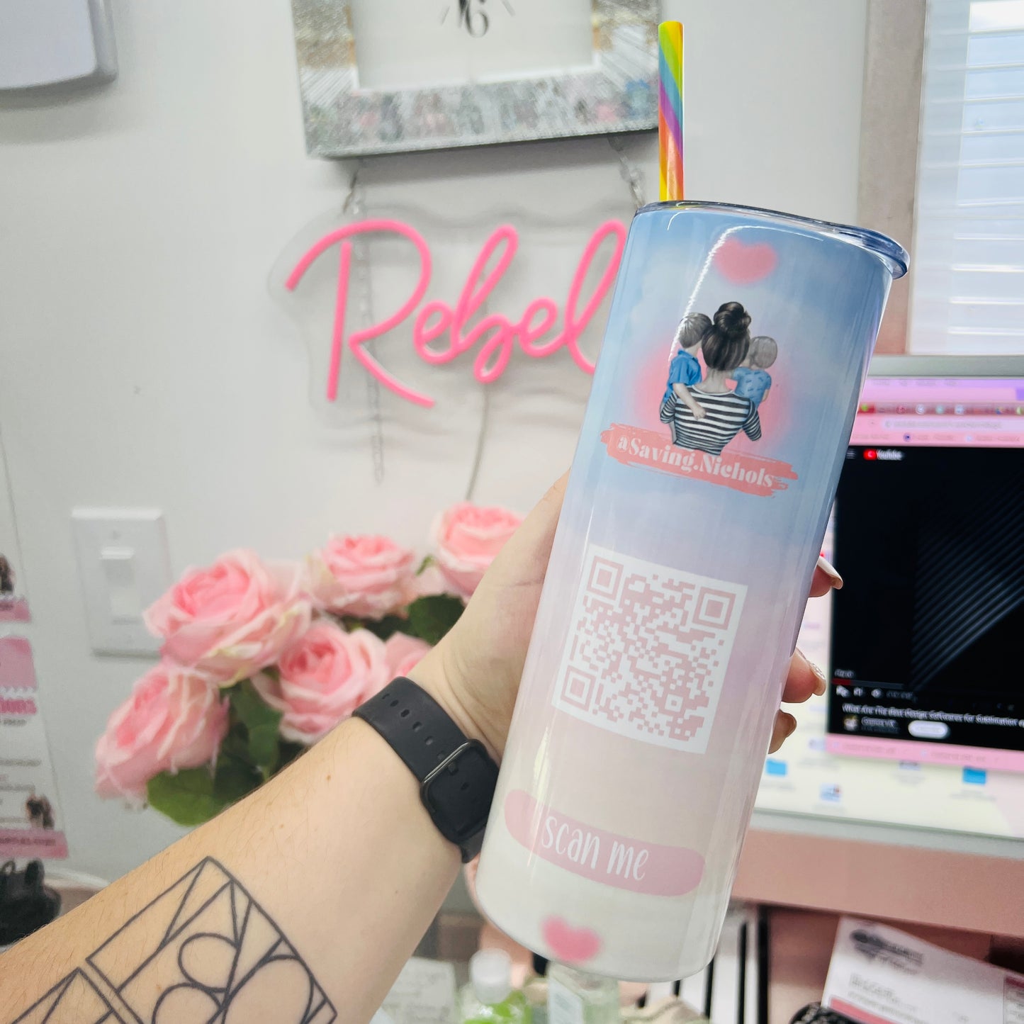 QR code business logo tumbler, social media handle, scanme, 20 oz stainless steel