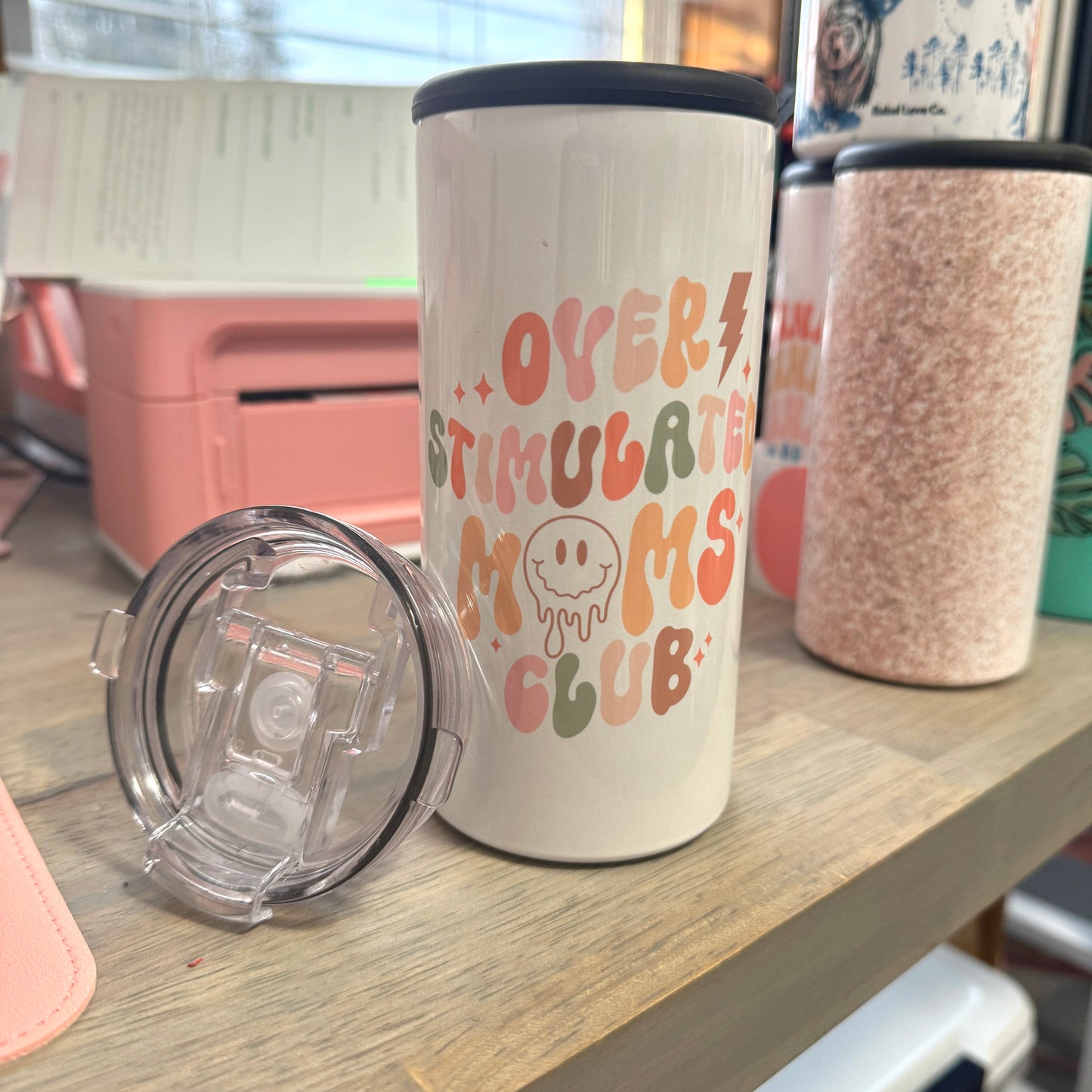 Can Cooler Tumbler 12 oz Skinny Over Stimulated Moms Club Smile