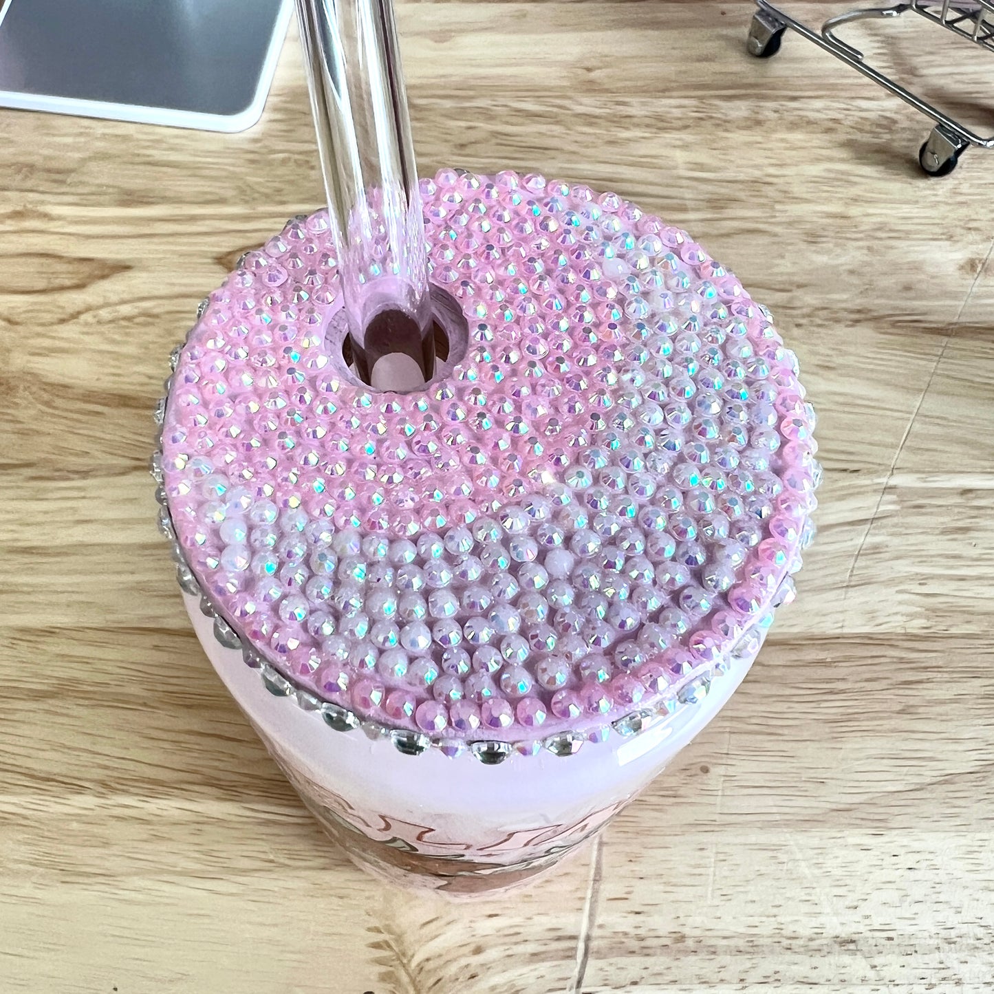 Feeling Berry Good Snowglobe Strawberry Pink Rhinestone Bamboo Lid
