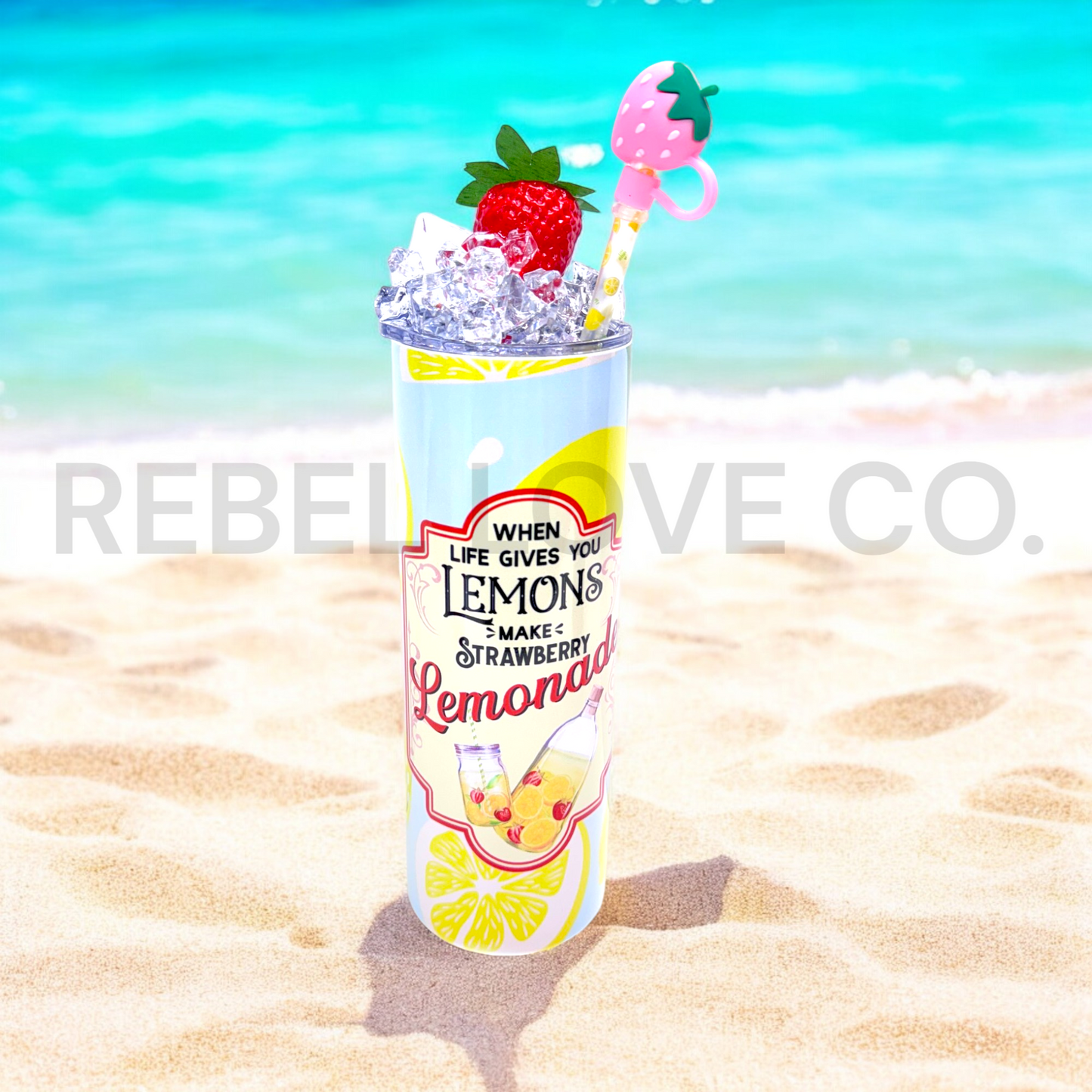 Strawberry Lemonade 20oz Stainless Steel Drink Tumbler, Lemon Straw