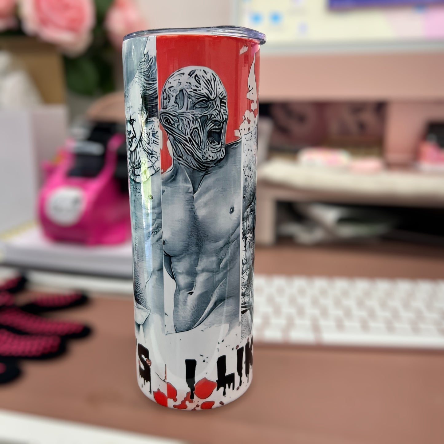 I like Boys Faces of Horror 20 oz tumbler with straw Halloween