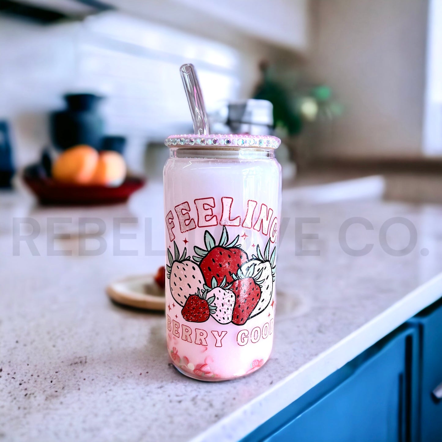 Feeling Berry Good Snowglobe Strawberry Pink Rhinestone Bamboo Lid