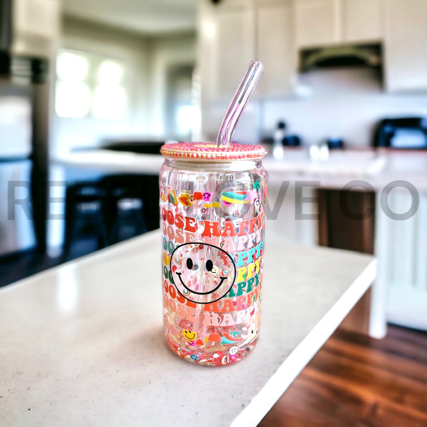 Choose Happy Smile Snowglobe Glass Tumbler with Rhinestone Lid