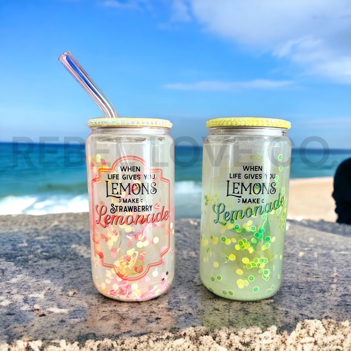 Lemonade Snowglobe Tumblers Rhinestone Lids