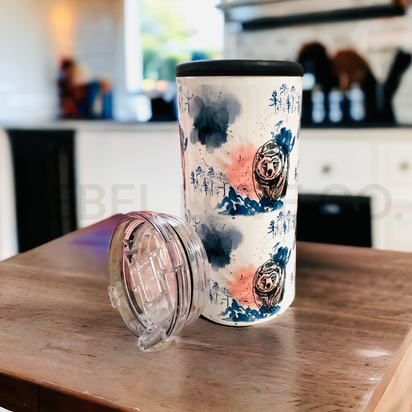 Skinny Can Cooler Tumbler Bear and Mountains 12oz Stainless Steel