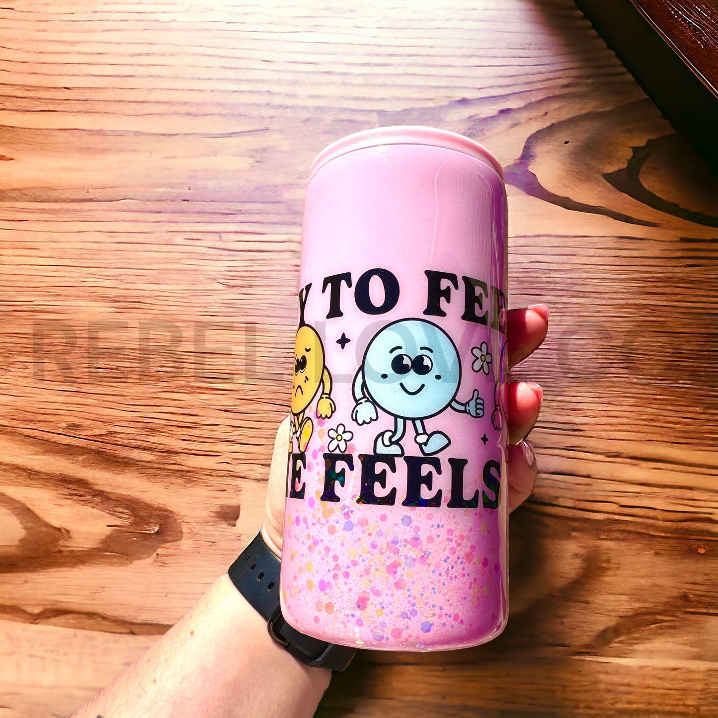 It's Ok To Feel All The Feels Mental Health Pink Glitter Skinny 12oz Can Cooler