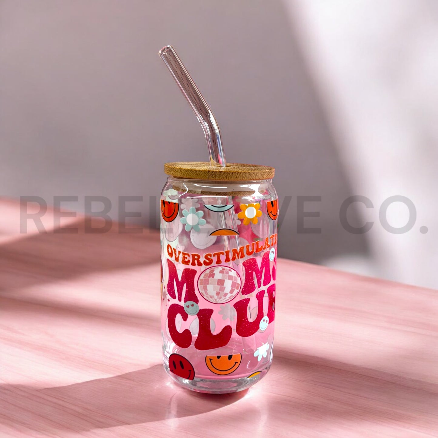 Overstimulated Moms Club Glass Can 16oz Bamboo Lid Glass Bend Straw
