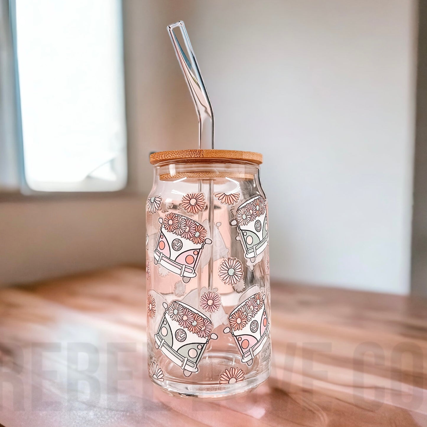 VW Van Flower Vintage Retro Beer Glass 16oz