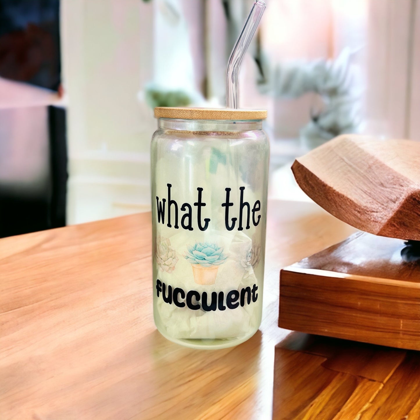 What The Fucculent 16oz Glass Cup Green Iridescent