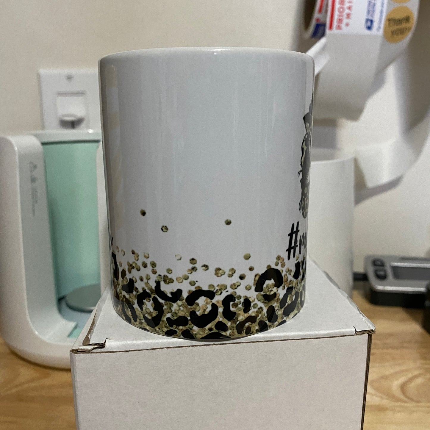 Mom Life Leopard Print and Gold Glitter Mug