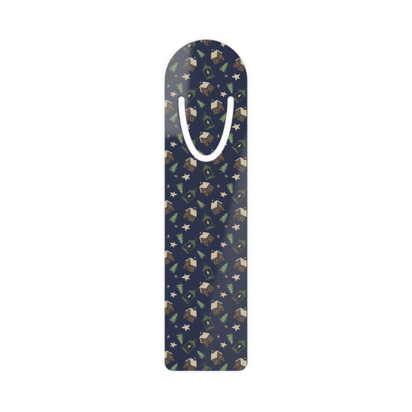 Bookmark - Winter Cabin Vibes Navy Blue Lantern and Trees Pattern