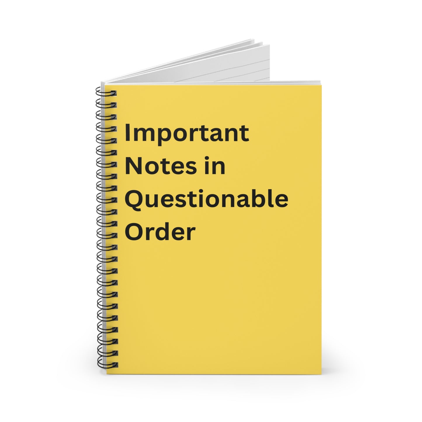 Yellow Spiral Notebook — "Important Notes in Questionable Order" Ruled Journal, Funny Office Humor, Co Worker Gift, Desk, Boss