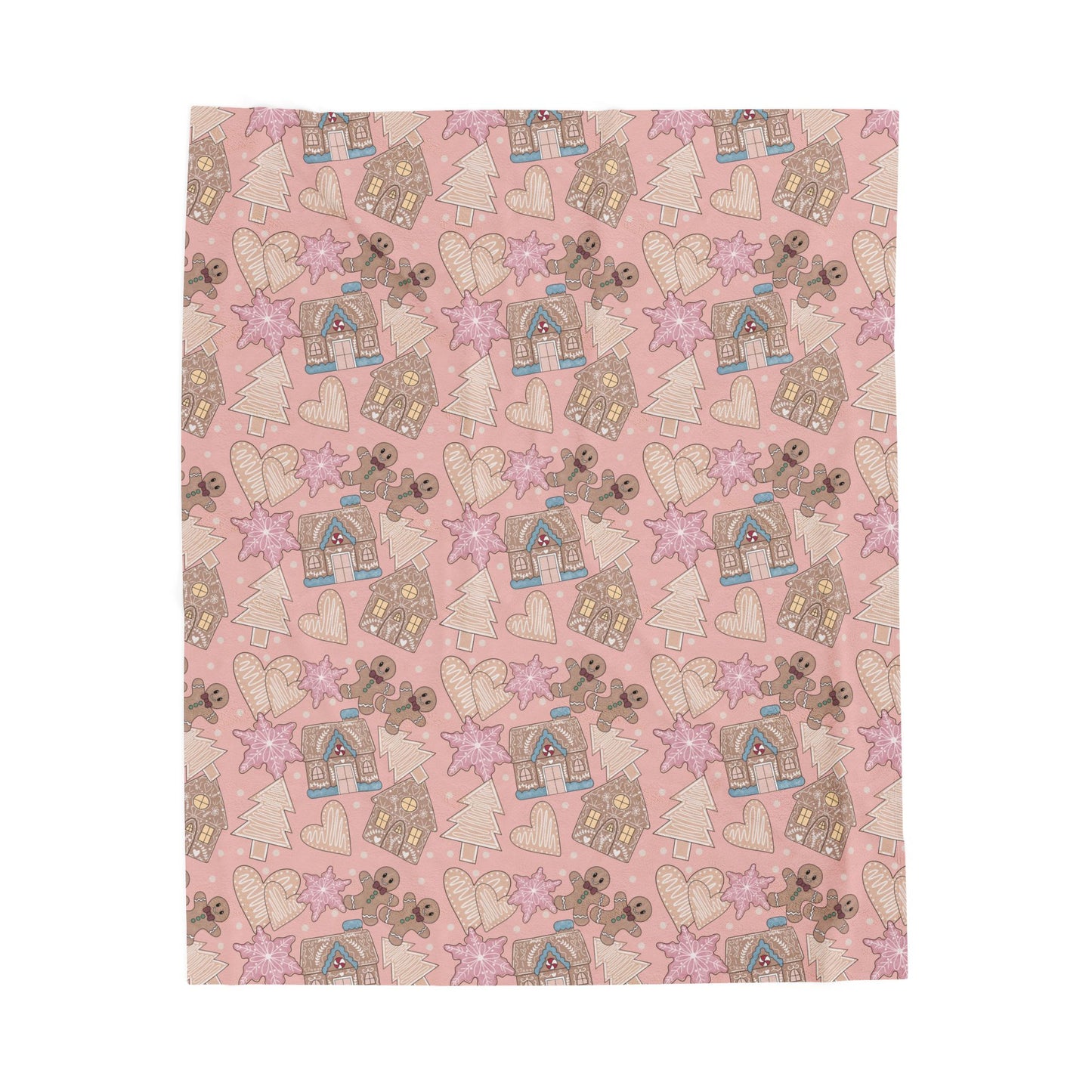 Pink Gingerbread & Hearts Velveteen Plush Blanket — Cozy Holiday Throw for Kids