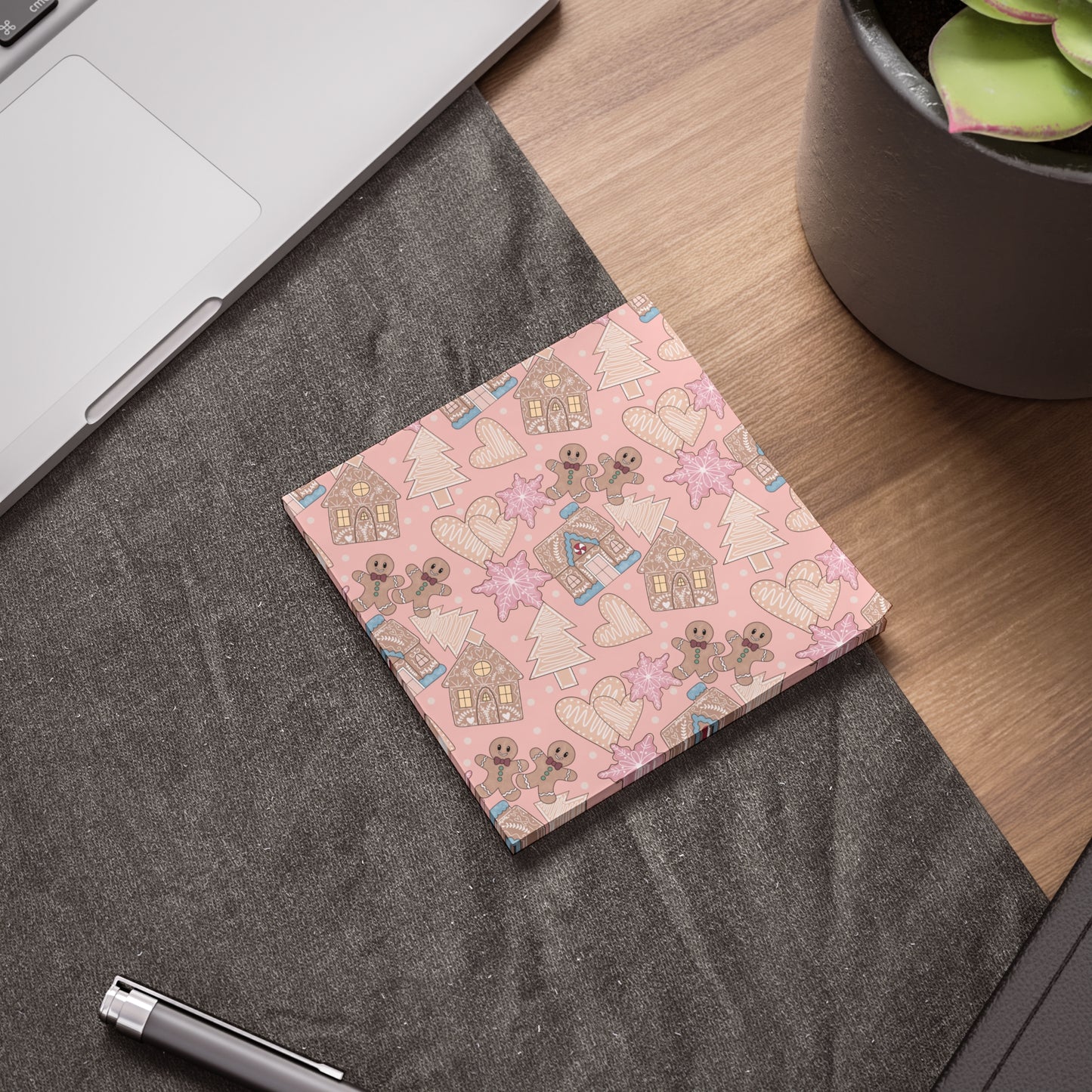 Gingerbread Holiday Post-it Note Pads — Pink Christmas Pattern Sticky Notes, Desk, Office Stationery