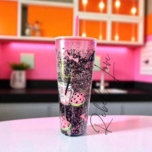 Sweet Spooky Summer Glitter Pink Halloween Style Snowglobe Tumbler