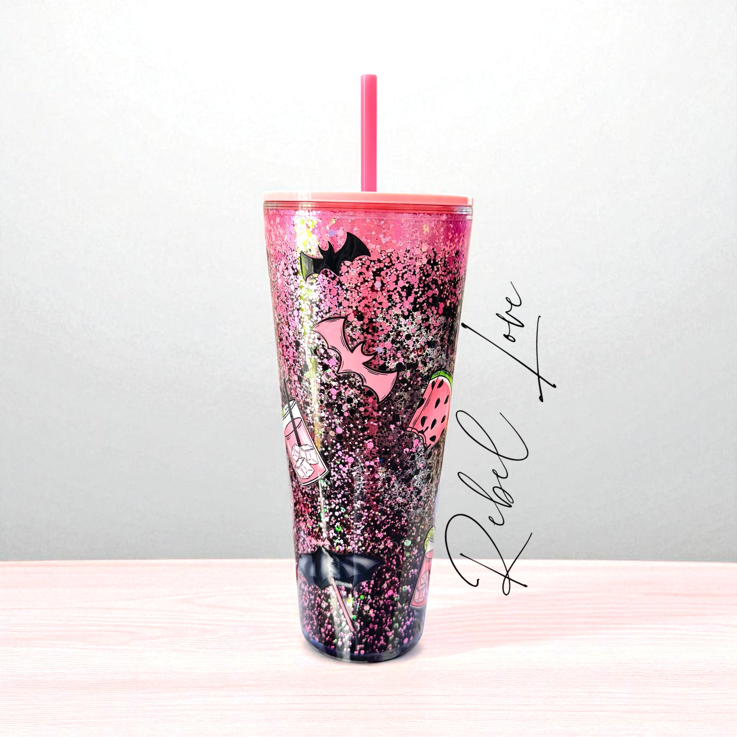 Sweet Spooky Summer Glitter Pink Halloween Style Snowglobe Tumbler