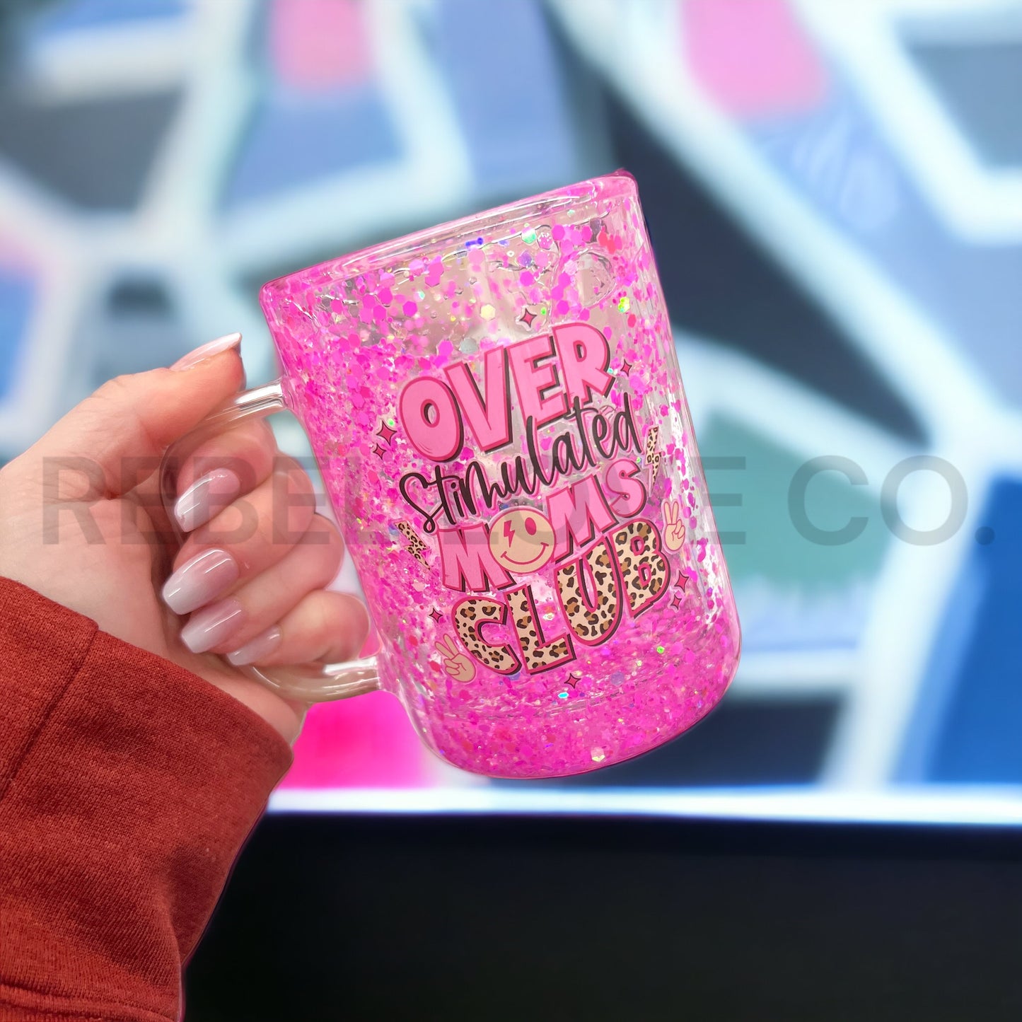 Overstimulated Moms Club 15oz Glitter Snowglobe Style Glass Mug with Handle