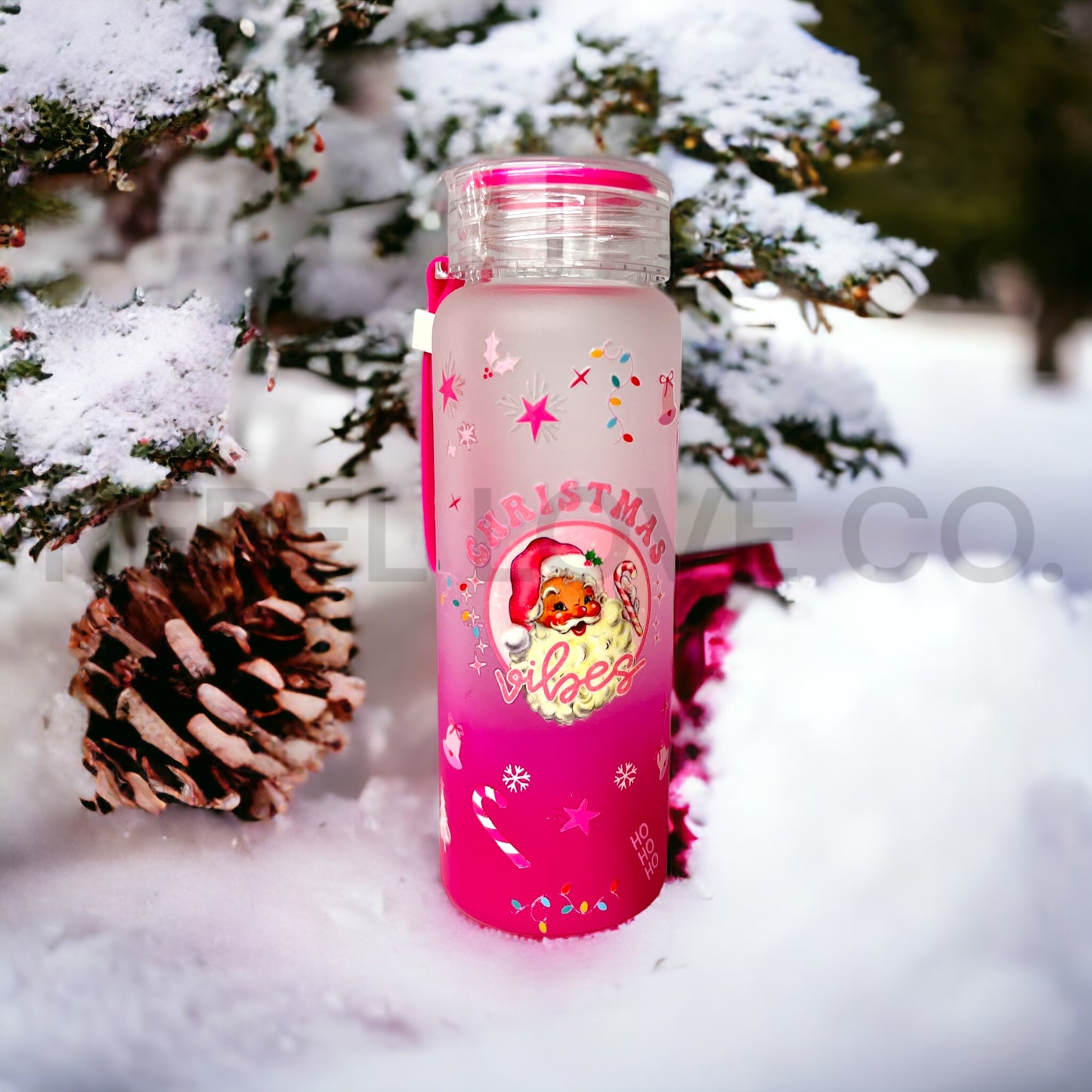 Christmas Vibes Santa Glass Water Bottle Pink Ombre