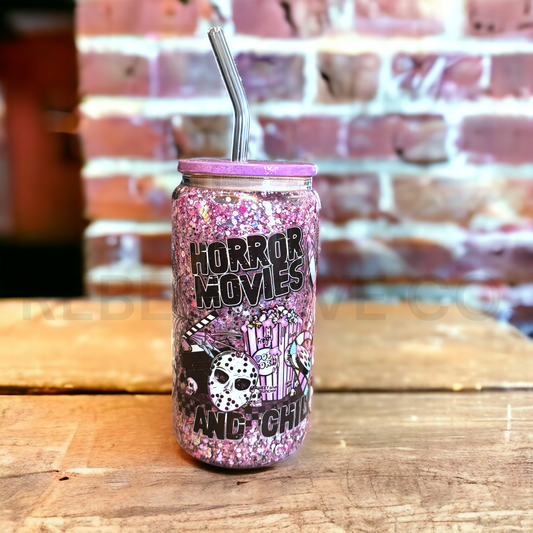 Horror Movies and Chill Snowglobe Glitter Tumbler 16oz