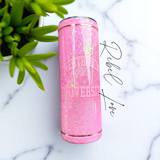 Overthinking University Pink Glitter Tumbler 20oz Stainless Steel