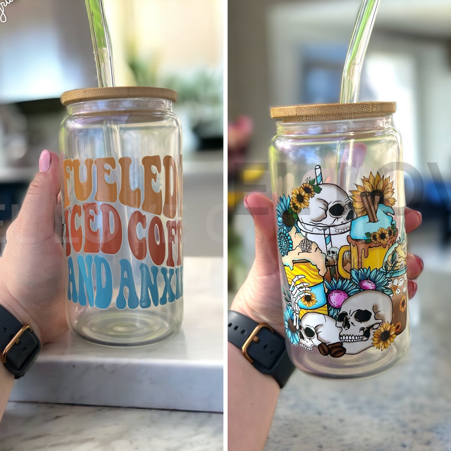 Fueled By Iced Coffee and Anxiety 16oz Glass Tumbler Beer Glass Bamboo Lid