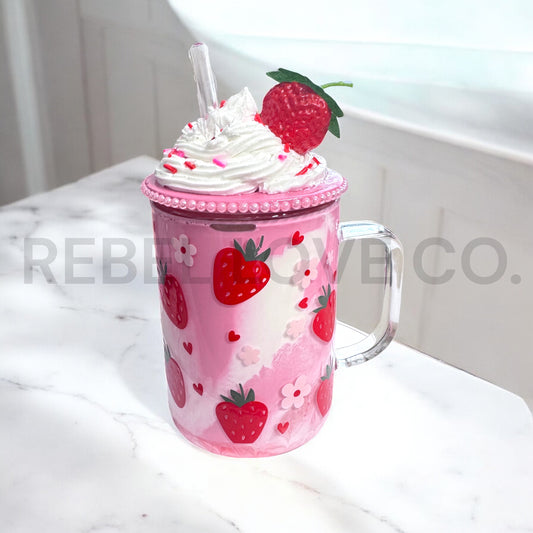 Strawberry Smoothie Glass Tumbler With Handle, Fake Whip 15oz