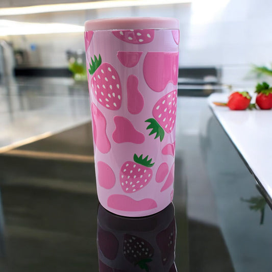 Skinny Can Cooler Tumbler Pink Strawberry Cow Print 12oz