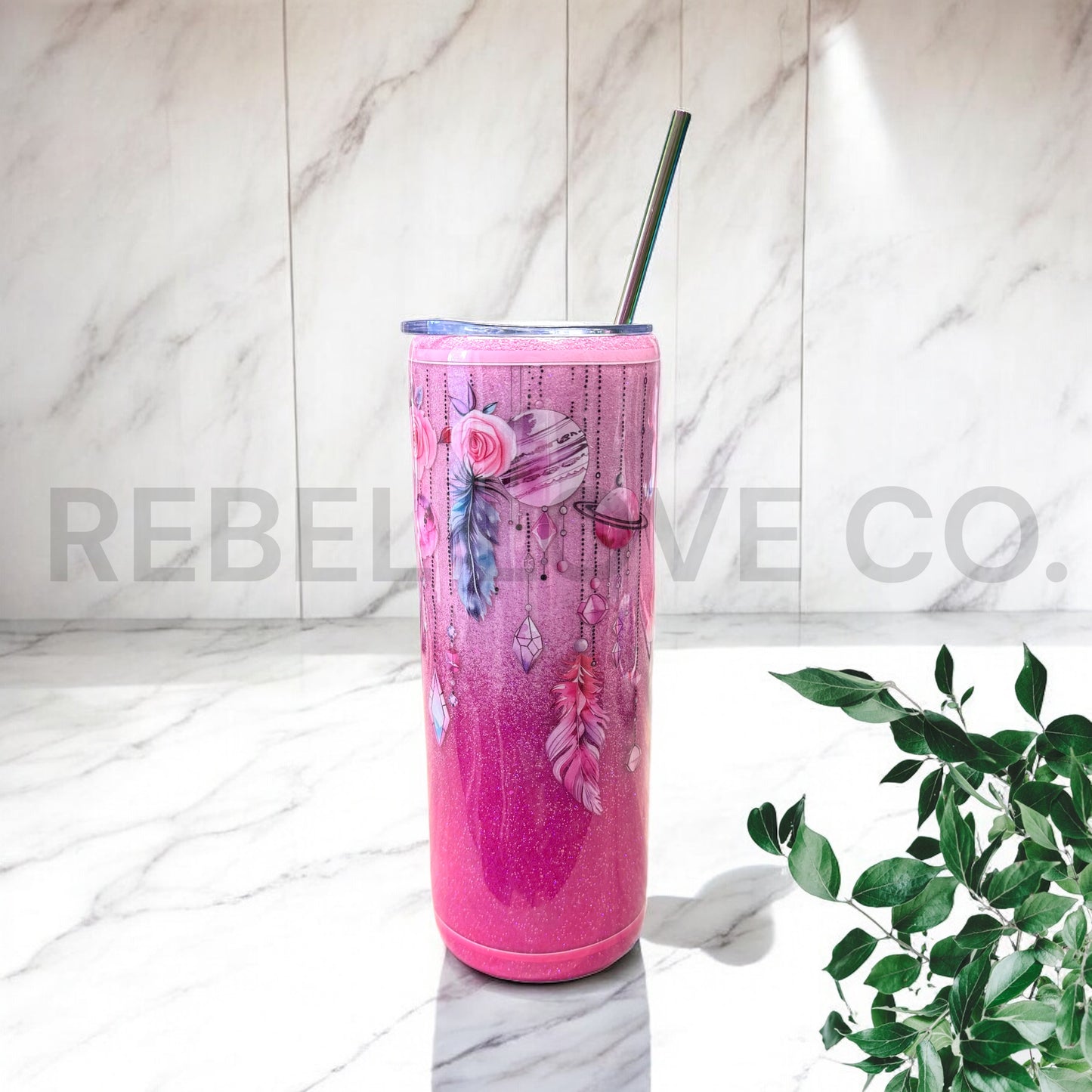 Pink Glitter "boho" Tumbler 20oz Stainless Steel