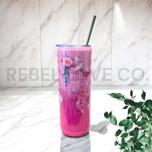 Pink Glitter "boho" Tumbler 20oz Stainless Steel