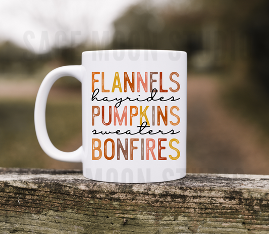Fall Mug 12oz Flannels Hayrides Pumpkins Sweaters Bonfires