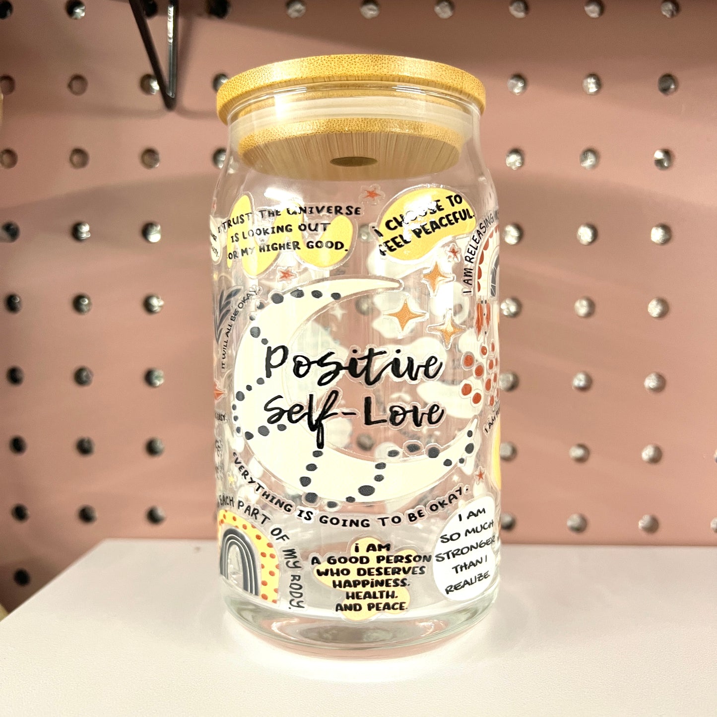 Positive Self-Love Glass Beer Mug With Bamboo Lid and Straw