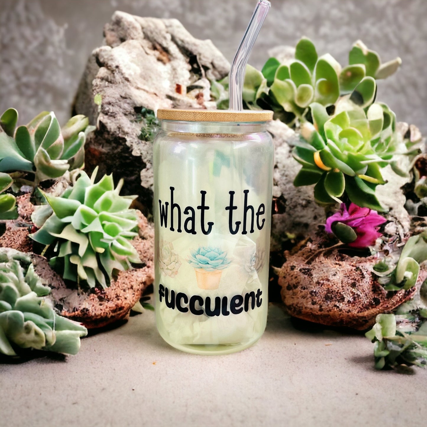 What The Fucculent 16oz Glass Cup Green Iridescent