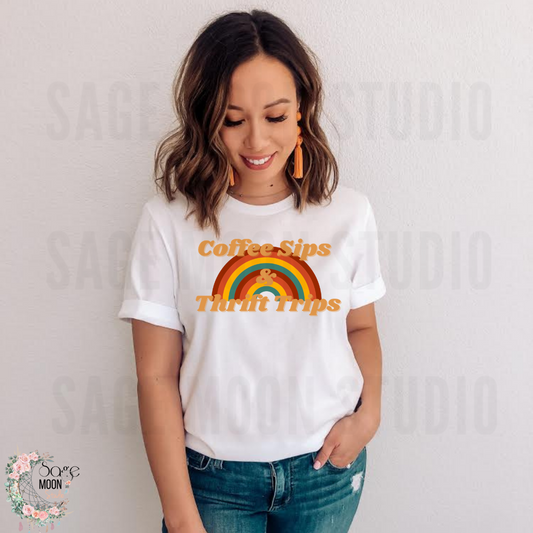 Coffee Sips and Thrift Trips Rainbow Retro Tee