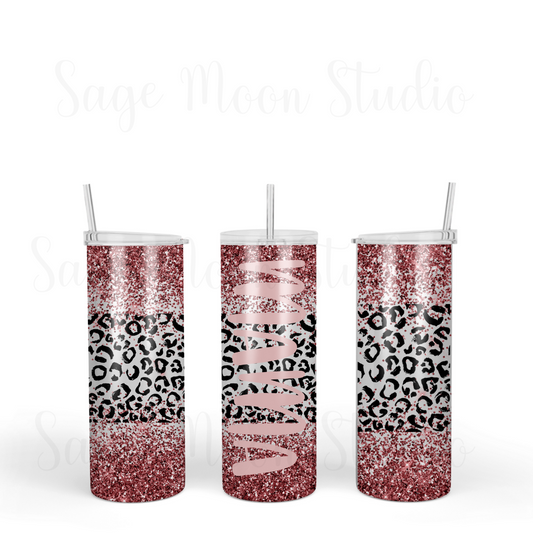 Mama Wine Colored Glitter Leopard Tumbler